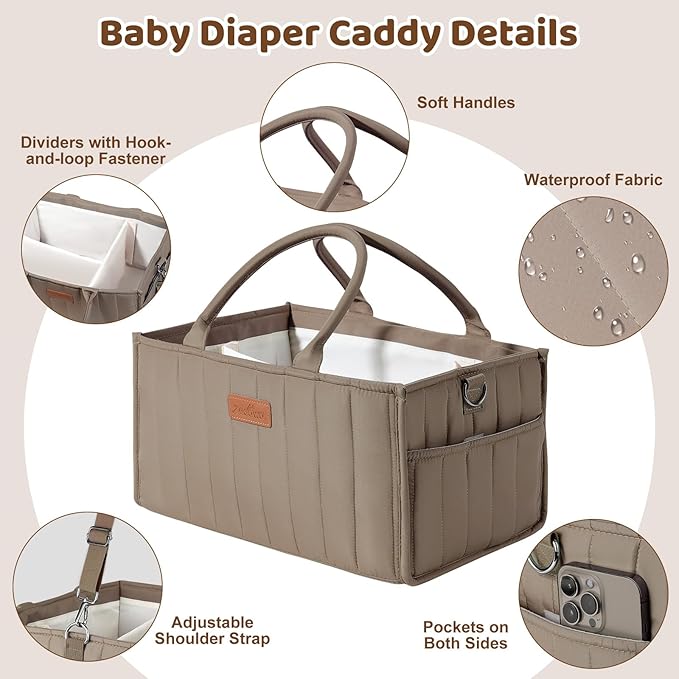 Zooawa Baby Diaper Caddy Organizer, Portable Nursery Storage Basket with Compartments, Handle & Shoulder Strap for Newborn Baby Essentials, Gift for Baby Shower, Nursery, Travel, Car, Mocha Brown