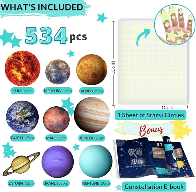 LUMOSX Glow in the Dark Stars and Planets - 534 pcs with Constellation E-Book | Solar System Wall Decal, Planet Wall Decals, Space Wall Stickers, and Space Wall Decals for Kids Room Decor (Blue)