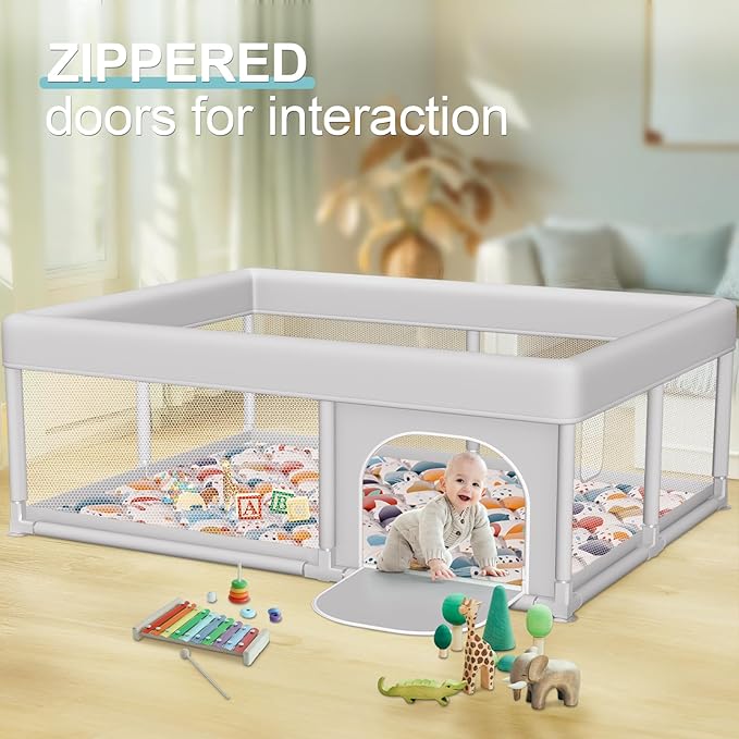 Baby Playpen with Mat 65 x 50 Inch, PlayPen for Babies and Toddlers, Sturdy Safety Play Yard for Indoor & Outdoor with Zipper Gates