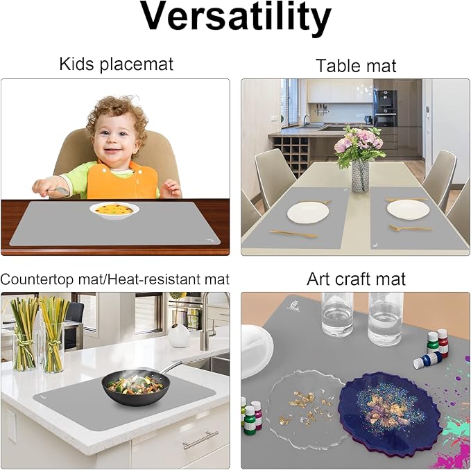 Thick Silicone Counter Mat Large Set of 2, Heat Resistant Pad for Kitchen Table/Countertop Protector/Non Stick Pastry Baking Placemats, Silicone Mat for Crafts Kids (20×28, Gray)
