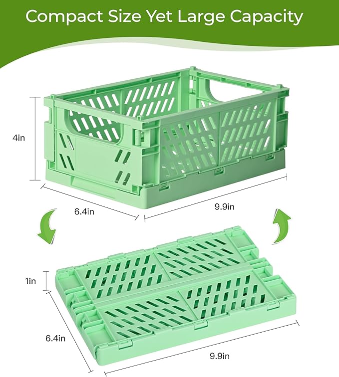 HUUSMOT 2-Pack Small Pastel Plastic Storage Baskets, Collapsible Crates for Organizing, Space-Saving Mini Bins for Classroom, Kitchen, Office, Bedroom (Green, 9.8" x 6.5" x 3.8")