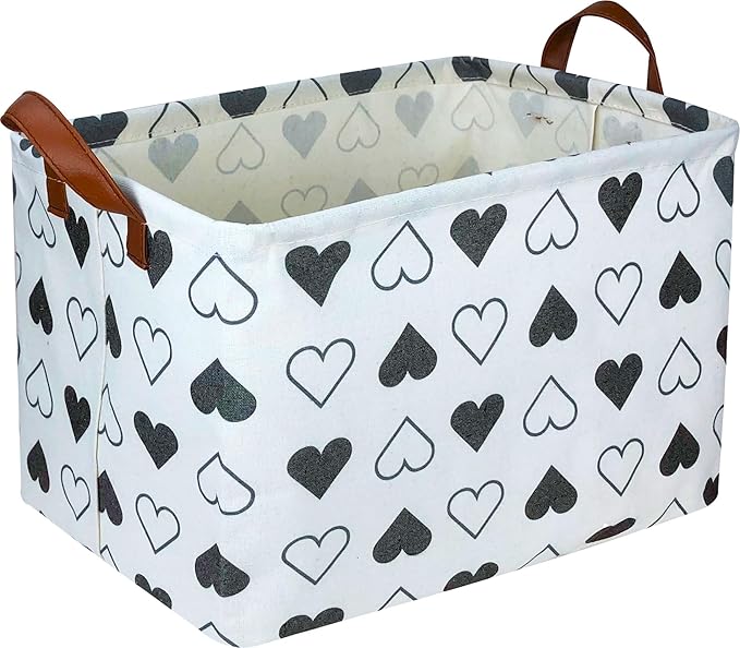 HKEC Rectangle Black Heart Print Storage Basket Empty with Handles, Kids Toys/Books Box, Gift Basket, Room Decor(Black Heart)