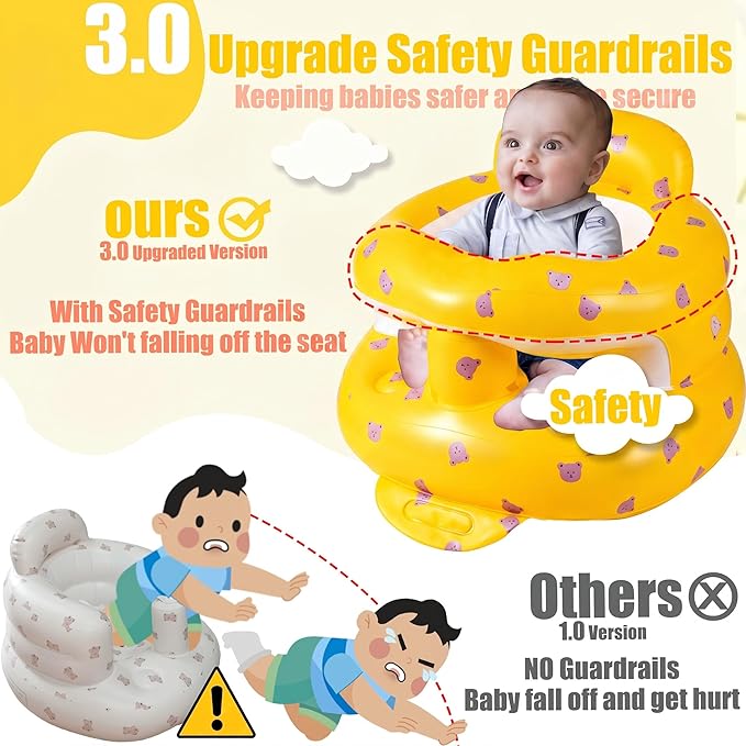 Upgraded Inflatable Baby Seat for 3-36 Months, Baby Chair Sit Me Up Floor Seat – Clip to Table Leg. No Tipping. + Front Guard Anti-Tip, Back Support for Infants Learning to Sit Up + Built-in Air Pump