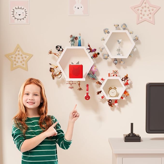 Hexagon Tonies Shelf Magnetic - Tonies Storage Shelf Set of 3 for Kid Room, Wooden Magnetic Display Shelf for TonieBox Holder, Wall Floating Shelves Toy Storage Compatible with Tony Accessories(White)