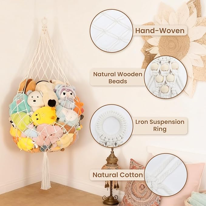 Stuffed Animal Storage Hammock Plushie Net 60-inch Stuffed Animal Net Corner for Kids' Wall Room Decor Hanging Toy Storage Plushie Net Organizer Holder Kids Baby Nursery Wall Bedroom Home Decor (L)