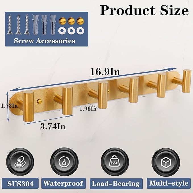 Coat Hook Rack, Wall Mounted Coat Rack with 6 Hooks, Heavy Duty Towel Hooks Rack Wall Hooks for Hanging Clothes Jacket Purse, Stainless Steel Coat Hanger for Bathroom Entryway Mudroom(Gold)