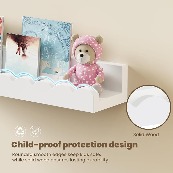 Yirilan 3-Pack Scalloped Shelves, Nursery Shelves for Wall, Floating Nursery Book Shelves for Kids, White