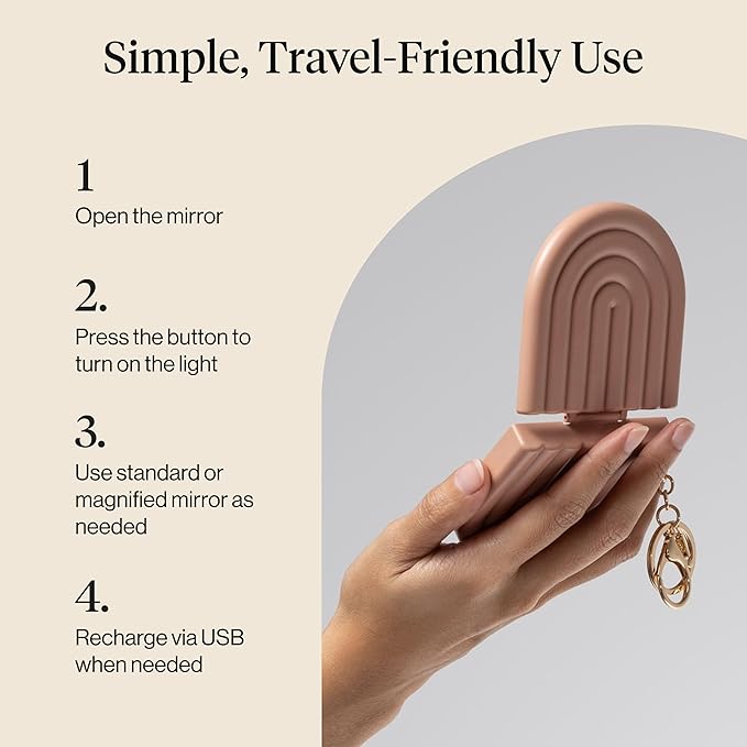 Kitsch Compact Mirror Keychain – Travel Makeup Mirror with Lights, Small Lighted Dual-Magnification Pocket Mirrors, USB-Rechargeable, Ideal for Your Touch-Ups While On Travel – Terracotta