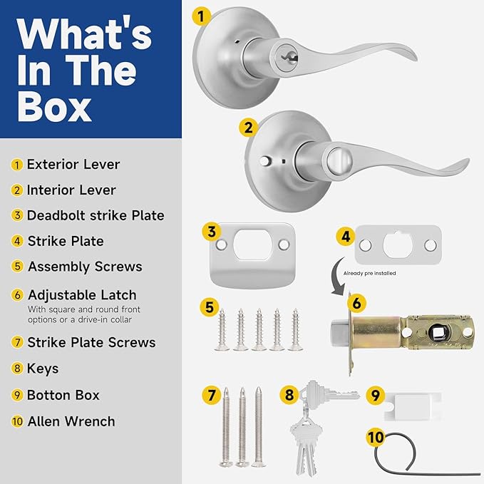 Keyed Entry Door Lever, Door Handle with Lock and Key, Exterior ＆ Interior Door Handle for Bedroom, Wave Style Lever Satin Nickel, Reversible for Left/Right