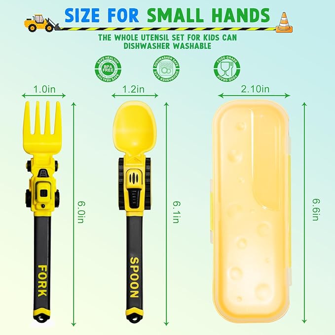 Deinyi Construction Toddler Utensils - Reusable Plastic Toddler Fork and Spoon & Storage Case - Suitable for Kids Utensils - Christmas Gifts and Birthday Gifts for 1 2 3 4 5 6 7 year old, Yellow