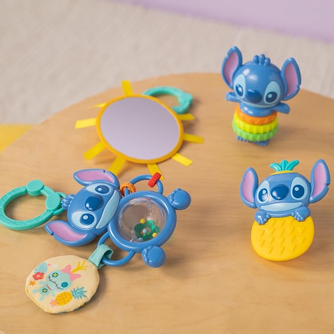 Bright Starts Disney Baby Stitch Tropical Treasures Gift Set with 4 Stitch Inspired Toys Including Baby-Safe Mirror and Teether, Newborns & Up