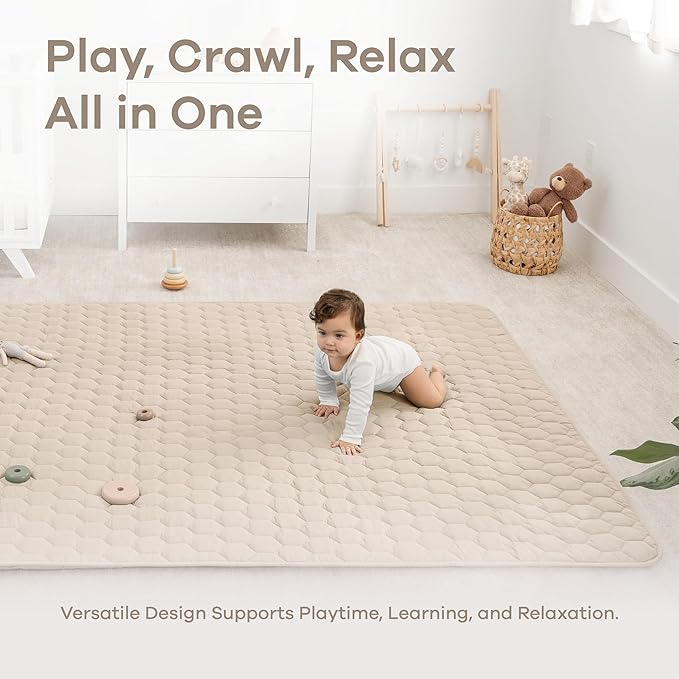 Comfy Cubs Rectangle Kids Play Mat - Large 60 x 96 inches Soft Quilted Baby Floor Mat with Non-Slip Bottom - Plush Design for Toddlers' Playtime- Comfortable and Durable - Sand