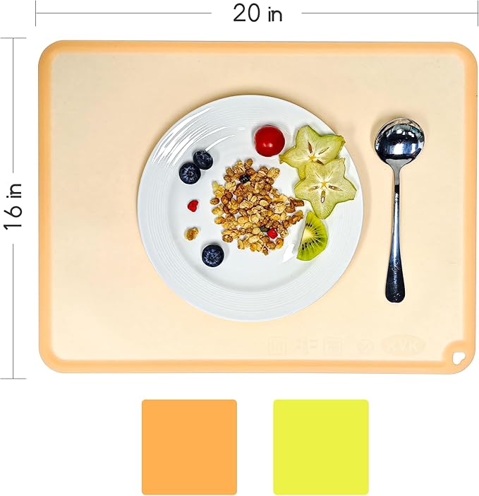 KVK Glow-in-The-Dark Silicone Placemat for Toddlers Kids Non-Slip Reusable Portable Baby Placemats for Restaurant & Home Stain-Proof Children Food Mats Eating Table Mat 2 Pack (Yellow & Orange)