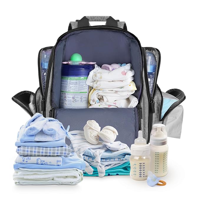 Mancro Diaper Bag Backpack, Baby Diaper Bag with 2 Side Insulated Pockets, Travel Diaper Backpack for Men Women with Stroller Straps, Large Capacity and Waterproof, Grey