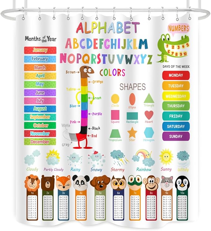 Kids Educational Shower Curtain ABC Learning Tool Funny Cartoon Animals Colors Shapes Weathers Multiplication Table Girls Boys Colorful Decor Waterproof Fabric 72Lx60W Inch with Hooks