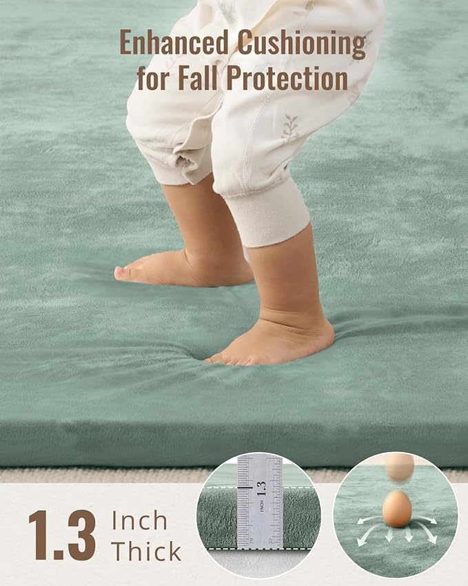 Blissful Diary 1.3" Thick Baby Play Mat, 50x50 Playpen Mat with Removable & Washable Cover, Ultra Soft Crawling Rug for Floor, Foam Cushion & Non-Slip Backing for Kid, Toddler and Infant, Sage Green