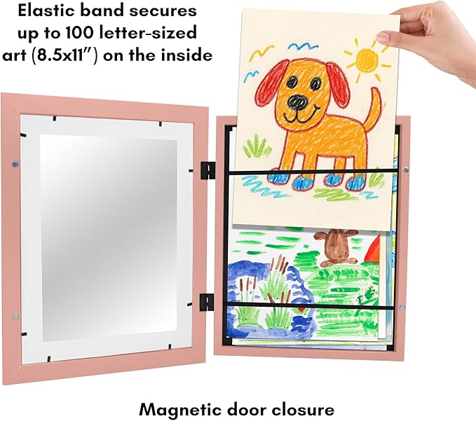 Americanflat Kids Artwork Frame Changeable (Peachy Pink) - Magnetic Door Holds 100 Art Pieces - 8.5x11 Letter Size Display with Mat or 10x12.5 Without Mat - My Mini Masterpiece