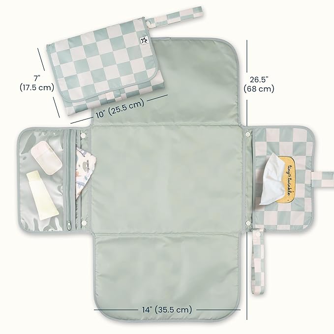 Tiny Twinkle Portable Diaper Changing Pad | Waterproof, Wipeable & Compact Baby Changing Pad for Travel | Smart Wipes Pocket & Organized Storage| Newborn Shower Gift (Sage Checkers)