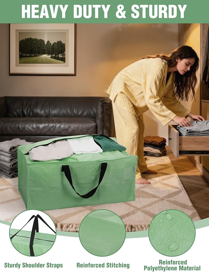WORKPRO 2 Pack Extra Large Moving Bags with Zippers & Carrying Handles Backpack Straps, Heavy-Duty Storage Tote for Space Saving & Storage, Alternative to Moving Box (Green)