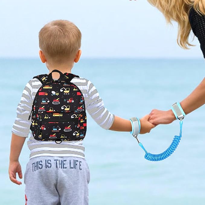 Accmor Toddler Backpack with Leash, Baby Backpacks with Anti Lost Wrist Link, Cute Mini Kids Backpack Leash Walking Harness for Travel, Small Excavator Backpack Tether for Boys Girls 1-3 (Black)