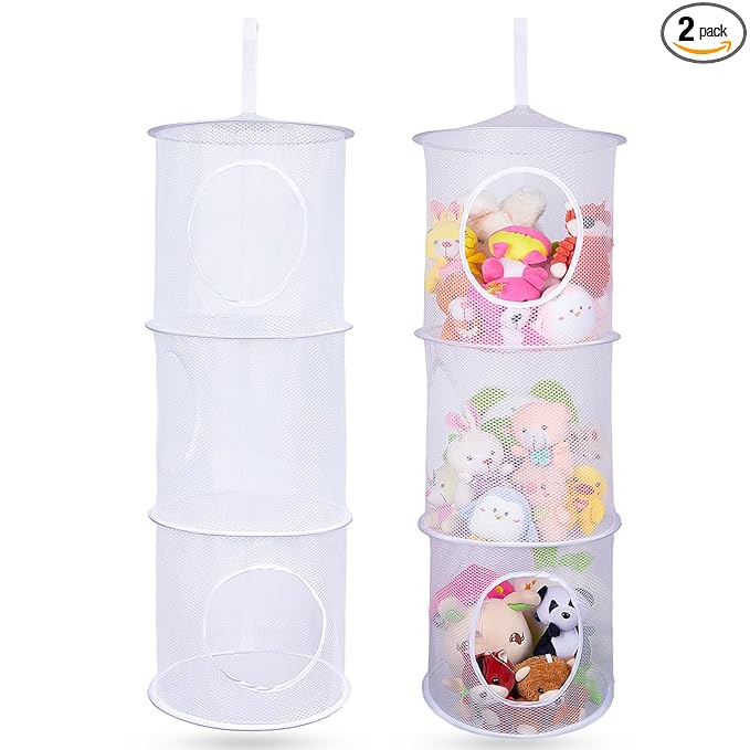Basumee Stuffed Animals Net or Hammock 2 Pcs Stuffed Animals Storage Toy Net Hammock for Plushies Storage Organizer Mesh Kids Girls Room Decor, White, 3 Tiers