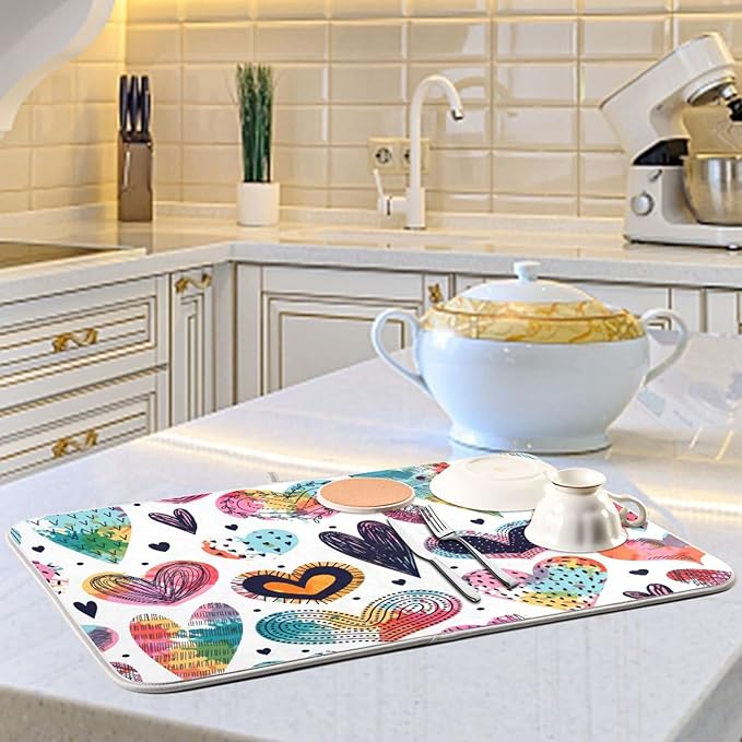 Absorbent Dish Drying Mat for Kitchen Counter - Cute Hearts Colorful Microfiber Drying Pad, Reversible Drainer Mats for Countertop, Large 18" x 24"