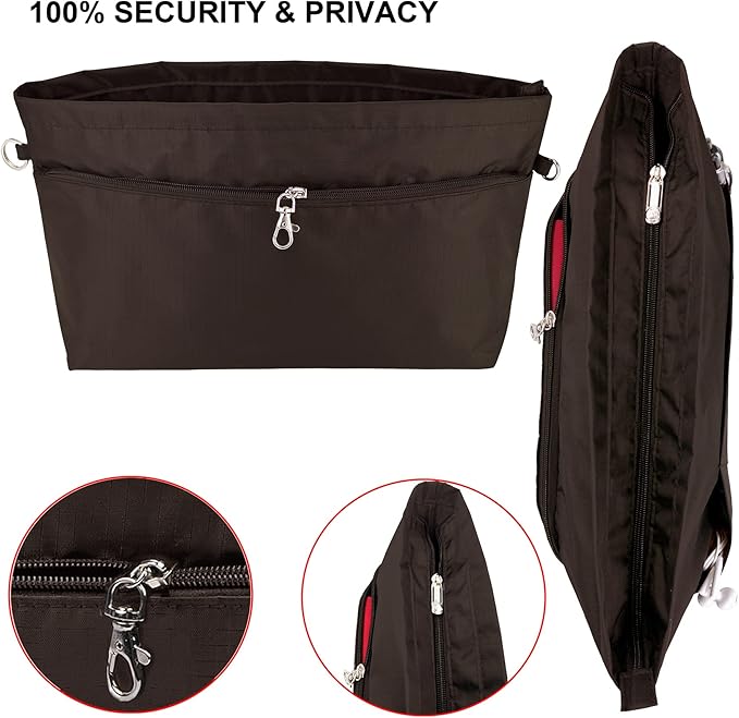 Time Wing Handbag Tote Purse Organizer Insert Bag Liner Shaper Divider Zipper 11 Pockets Compartments Medium Coffee