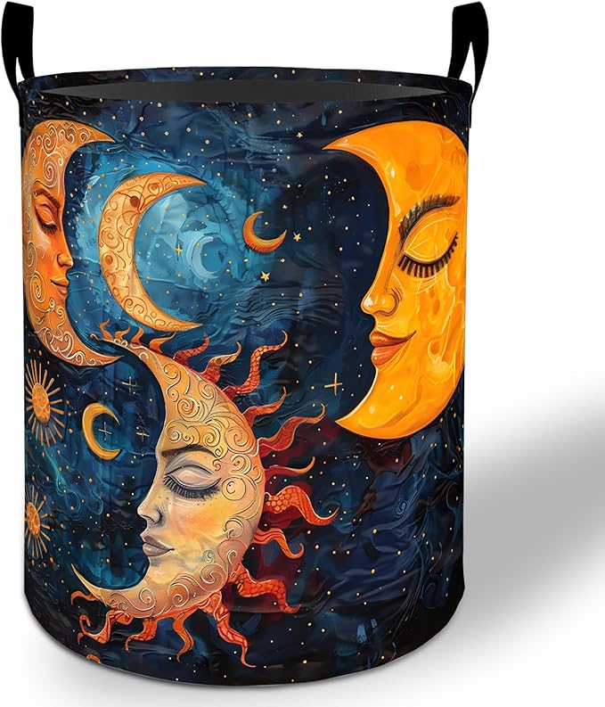 Sun and Moon Laundry Basket Hamper 19.7"x15.8", Celestial Foldable Waterproof Oxford Clothes Storage Bucket for Room Bathroom Bedroom Nursery Decor, Toy Organizer Bins Gifts for Kids Boys Girls