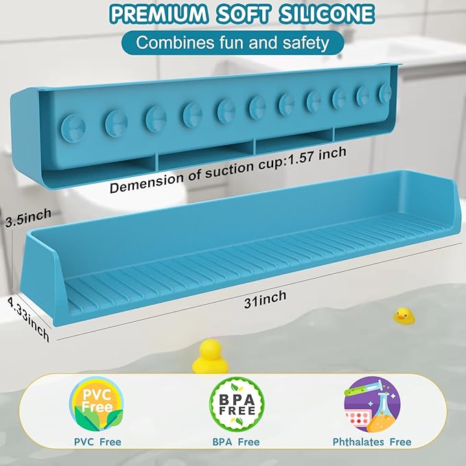 Bathtub Splash Guard for Tub Kids, Longer Silicone Water Splash Guard for Bathtub, Toy Holder Play Shelf for Bathtime, Prevents Water Spills in Bathroom
