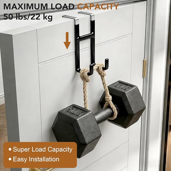 Over Door Hook, 2 Pack Over Door Hanger with Dual Hook Heavy Duty Metal Hanger with Non Slip Rubber Over The Door Organizer Hanger for Hanging Clothes Towels Hats Bags（Black ）