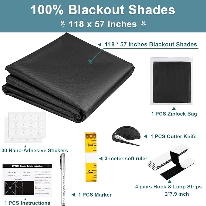 100% Blackout Window Cover, 118x57 Inch Portable Blackout Blinds, No Drill Privacy Blackout Shades, Cuttable Temporary Black Out Curtains for Bedroom Travel Dorm Home Nursery RV Media Room Darkening