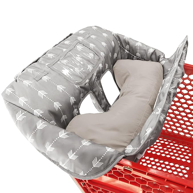Soft Pillow Attached Waterproof 2-in-1 Baby Grocery Cart Seat Cover and High Chair Cover (Grey Arrow)