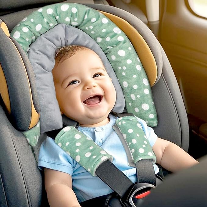 GFU Baby Car Seat Head Support for Newborn, 2 in 1 Infant Car Seat Head Body Support with Strap Pads, Soft Stroller Cushion Pillow Insert for Girls and Boys, Fits for Stroller, Swing, Green