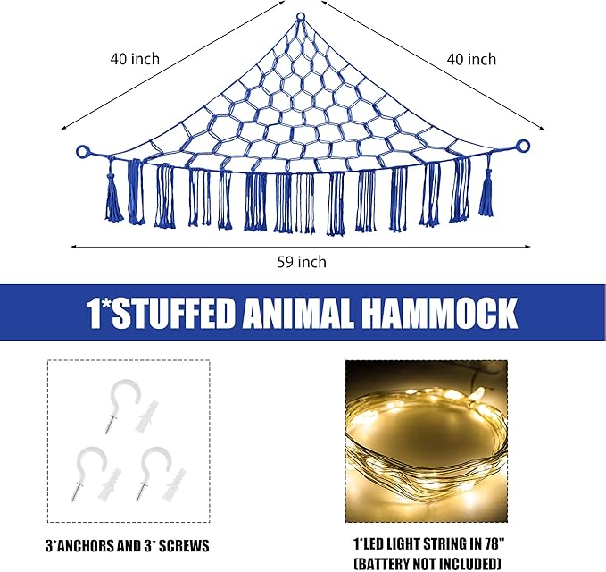 CERETIA Stuffed Animal Hammock with LED Light, Toy Hammock for Stuffed Animals Storage for Kids Room Decor, Stuffed Animal Hammock Corner, Royal Blue