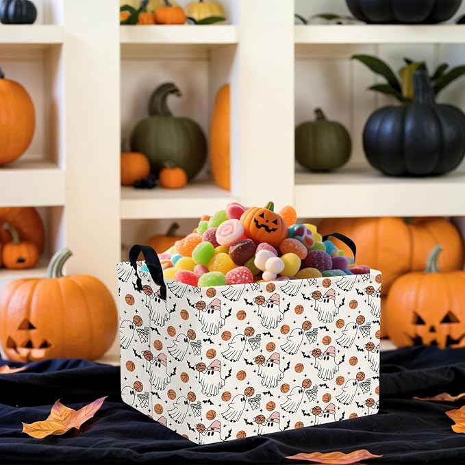 ASKETAM Large Halloween Basket Gift Cute Ghost Parties Decor Kid Trick or Treat Basket for Boys and Girls Rectangular Storage Bin Box (Ghost Basketball)