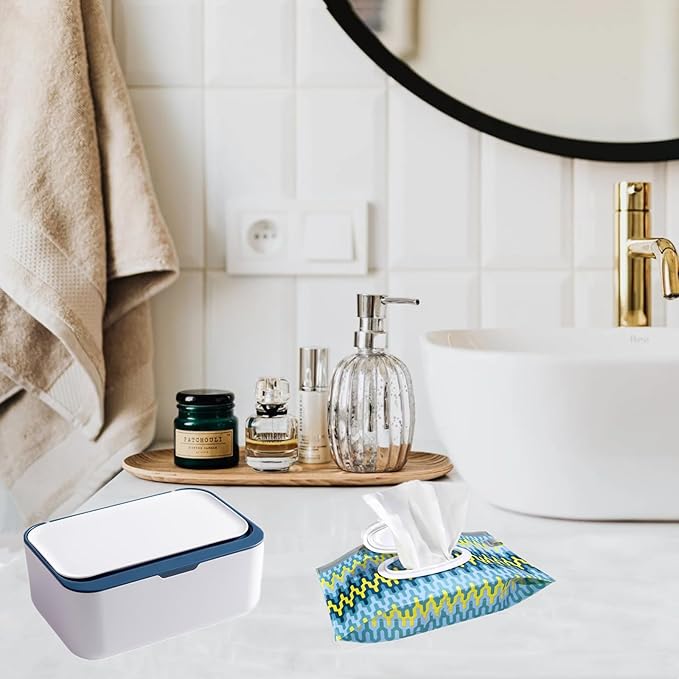 Wipes Dispenser with 2Pcs Portable Refillable Wipe Holder,Reusable Large Wipe Holder Box Flushable Wipes Case Bathroom Wipes Container for Pet Nursery Kitchen Office Counter(White-Blue)