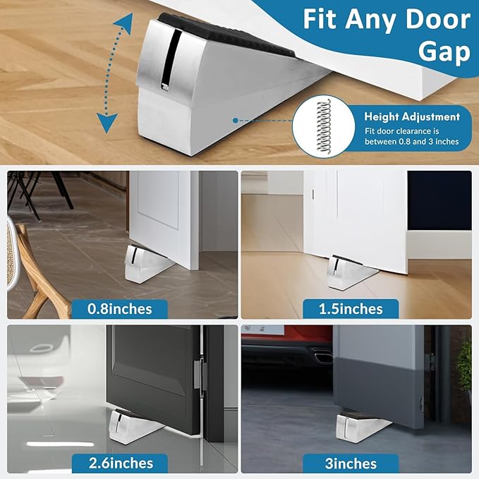 Heavy Duty Door Stopper, Adjustable Spring Large Stopper, 3 Inches High Tall Wedge Stoppers for Bottom of Door, Door Stop Suits Any Heavy Door, Silver