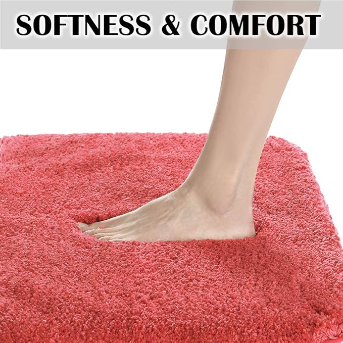 Suchtale Contour Rug Non Slip Bath Mat Water Absorbent Soft Microfiber Shaggy Bath Mat Machine Washable Thick Plush U Shape Toilet Rug (20 x 24, Living Coral)