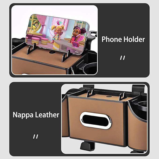 Back Seat Car Organizer,4 in 1 Multifunctional Car Back Seat Storage Box with Drink Cup Holder Tissue Box, for Hold Phone,Snacks, Drinks, Handbag-Light Brown