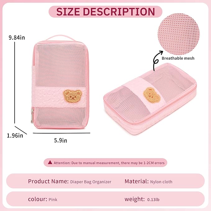 Diaper Bag Organizer Pouches - 2 Pack, Small Diaper Bag Mini Purse, Travel Baby Bag for Boys & Girls, Pink