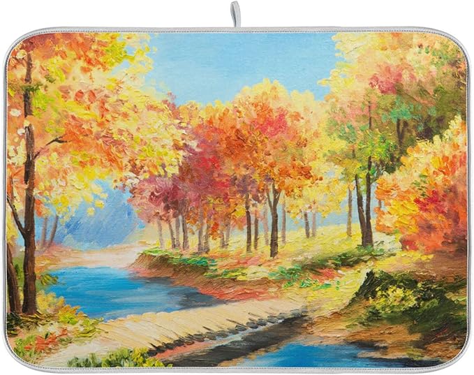 Absorbent Dish Drying Mat for Kitchen Counter - Forest Oil Painting Autumn Microfiber Drying Pad, Reversible Drainer Mats for Countertop, Small 16" x 18"