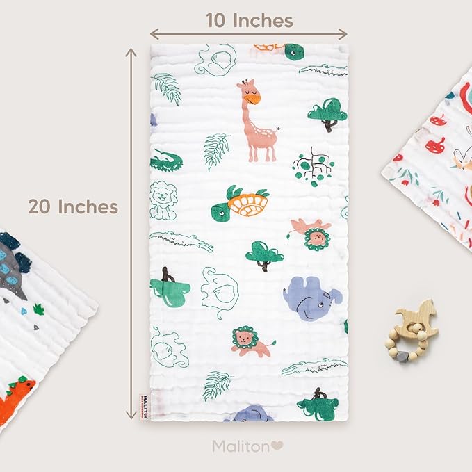 Maliton Muslin Burp Cloths for Baby Girl 6 Pack Large 20''x10'' 100% Cotton Burp Rags Absorbent and Soft 6 Layers Muslin Cloth Baby Boy Newborn Essentials Must Haves (Rainbow & Animals)