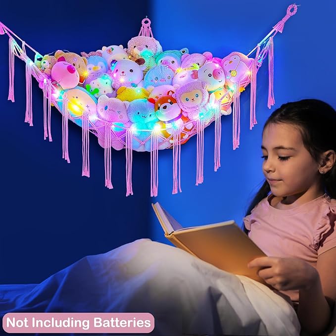 Basumee Stuffed Animals Net or Hammock with LED Light, Hanging Stuffed Animals Storage Toy Hammock Net Corner Wall Girls Room Decor Toy Storage Organizer, Pink, L