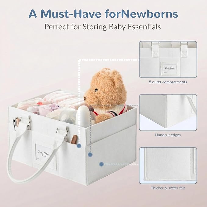 Diaper Caddy Organizer, Newborn Essetials Must Haves, Baby Registry Search and Other Baby Stuff, Collapsible Baby Basket with Handle and a Photo Frame, White, 11.8 x 6.3 x 9.0 inch