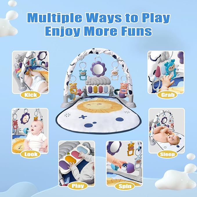 Baby Play Gym Mat, Baby Gym Activity Center, Kick and Play Piano with Music and Light, Tummy Time Toys for Newborn Babies Infants Boys Girls 0-3-6-9-12 Months (Grey)