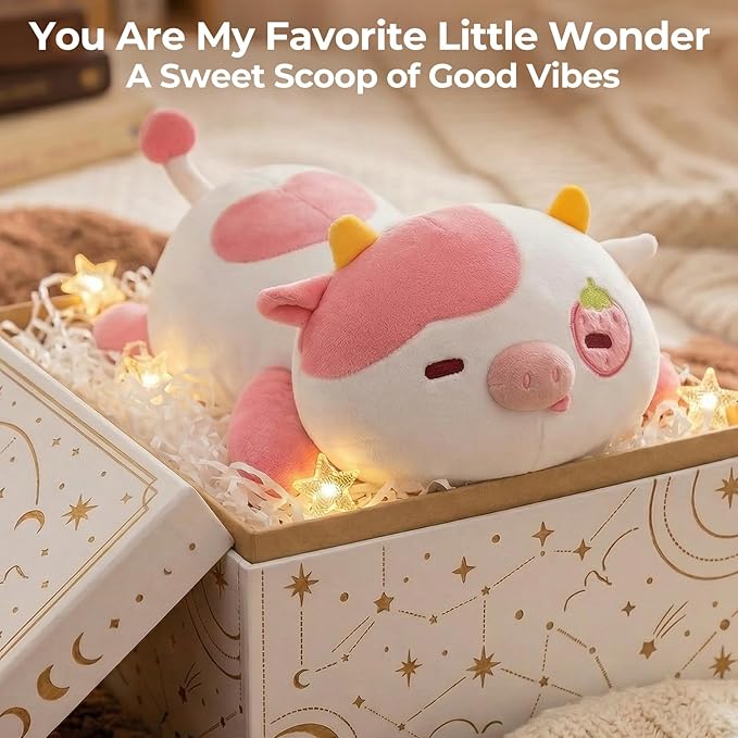 Mewaii Cute Strawberry Cow Plush Pillow, Kawaii Plushies Strawberry Cow Stuffed Animals, Squishy Plushies, Cuddle Plush Pillow for Kids & Girls (13 Inch)