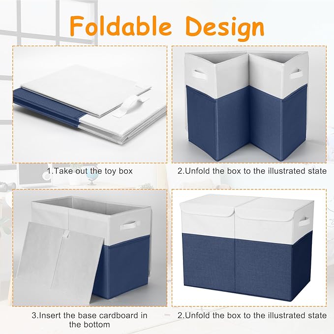 Fiwochic 3 Pack 23" Large Toy Storage Box with 11" Cubes Bins, Collapsible Toy Organizer Chest with Lids for Kids Nursery Playroom Bedroom Living Room Christmas Ornament Storage Box(Navy White)
