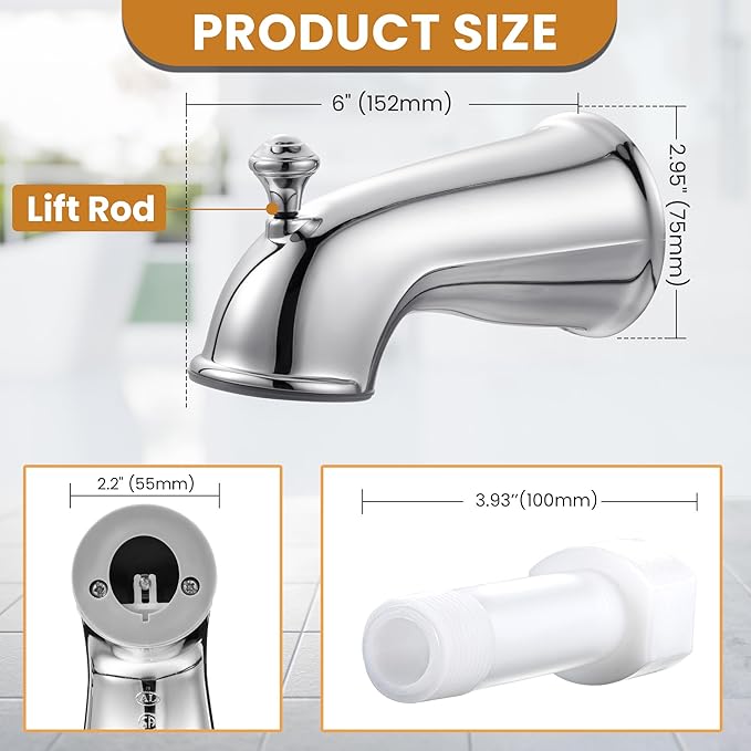 Dreyoo Tub Spout (Universal Fits 1/2" Copper Pipe, 1/2" IPS and 3/4" IPS), Bathroom Bathtub Faucet with Adapters and Hex Wrench(Chrome,Classic)
