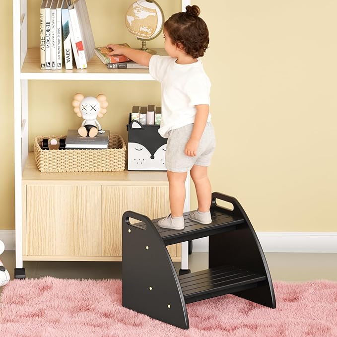 Step Stool for Toddlers, Two Stepping Stool Toddler 300lbs Capacity, with Non-Slip Handles and Pads,Black Kids Step Stool for Bathroom Sink, Perfect Natural Wooden Step Stool for Kitchen