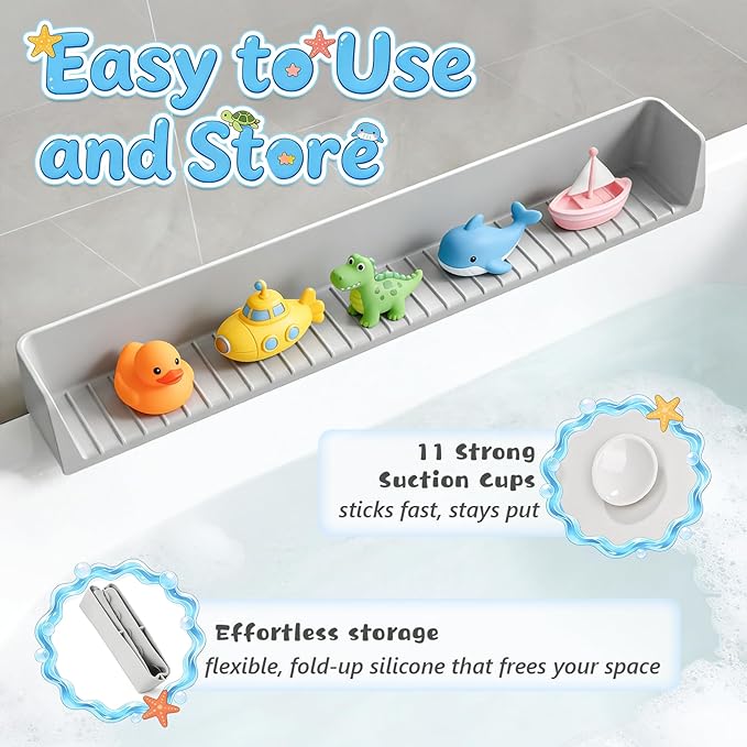 Splash Guard for Bathtub, Silicone Bathtub Splash Guard with Suction Cups, Bath Toys Holder Shelf, Bath Tub Side Tray for Bathroom Storage and Water Spill Prevention, Grey